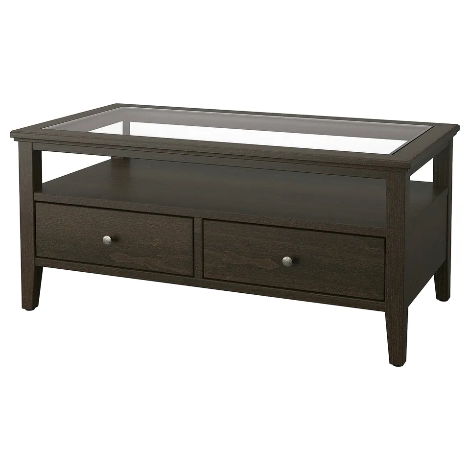 The IDANÄS coffee table: dark brown wood, glass top, two drawers, sleek design.