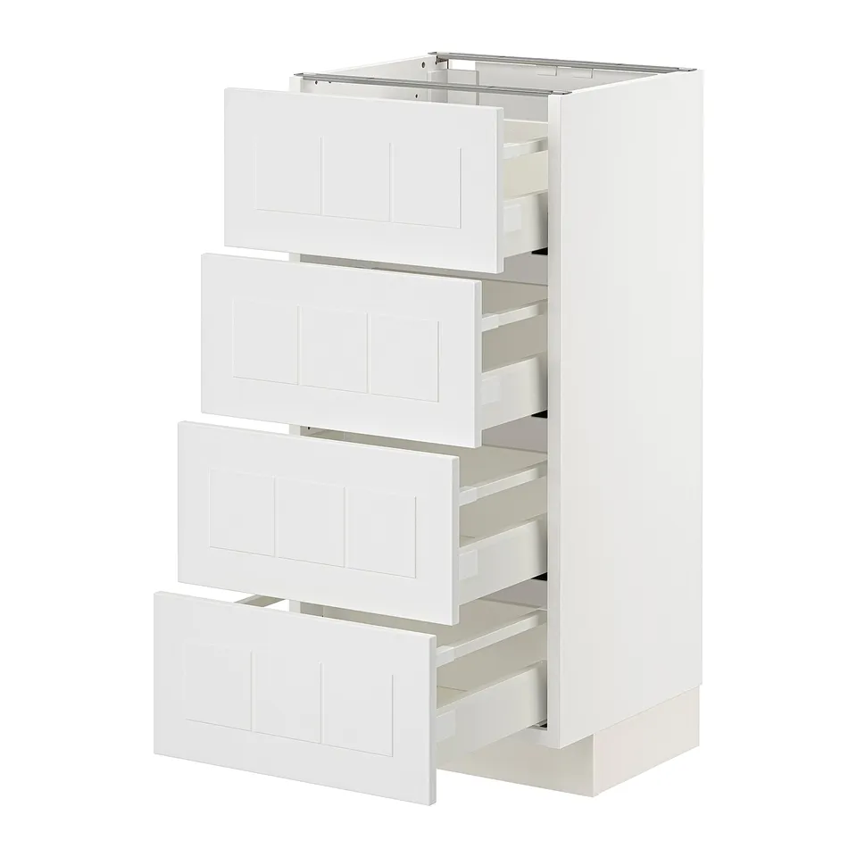 White METOD kitchen unit with four open drawers, sleek and modern design.