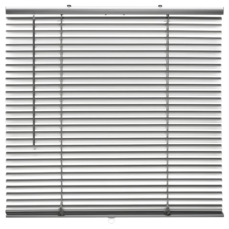 Silver VECKLARFLY venetian blinds with 35mm slats, featuring metal construction and cordless tilt mechanism.