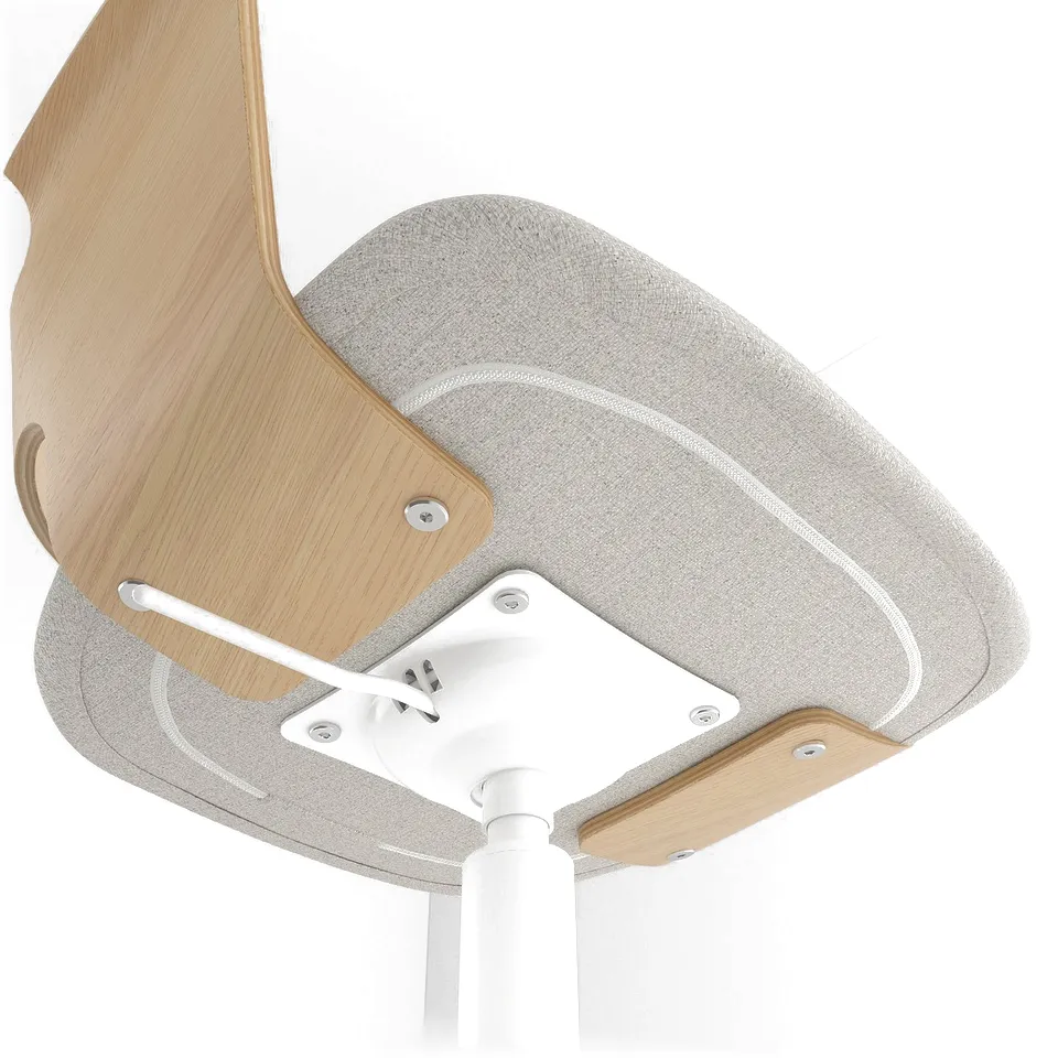Modern FJÄLLBERGET chair with light wood, grey fabric, and white base; adjustable, high-quality.