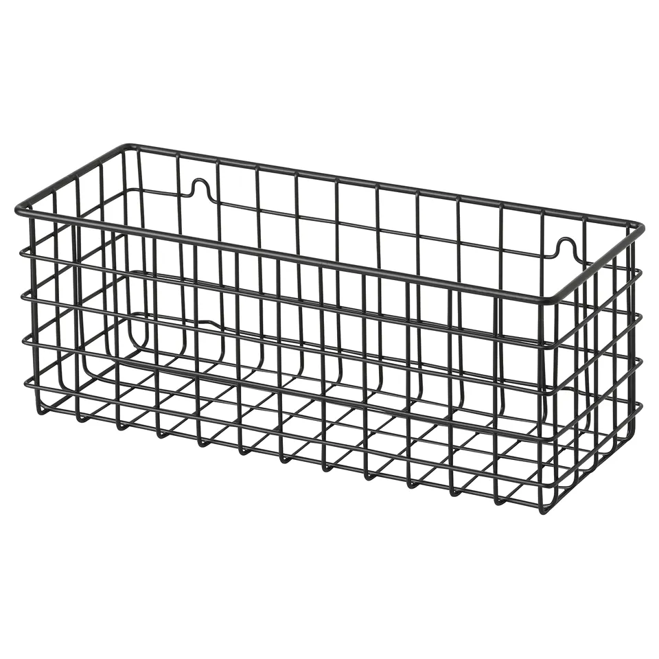 Black wire storage basket with grid pattern.