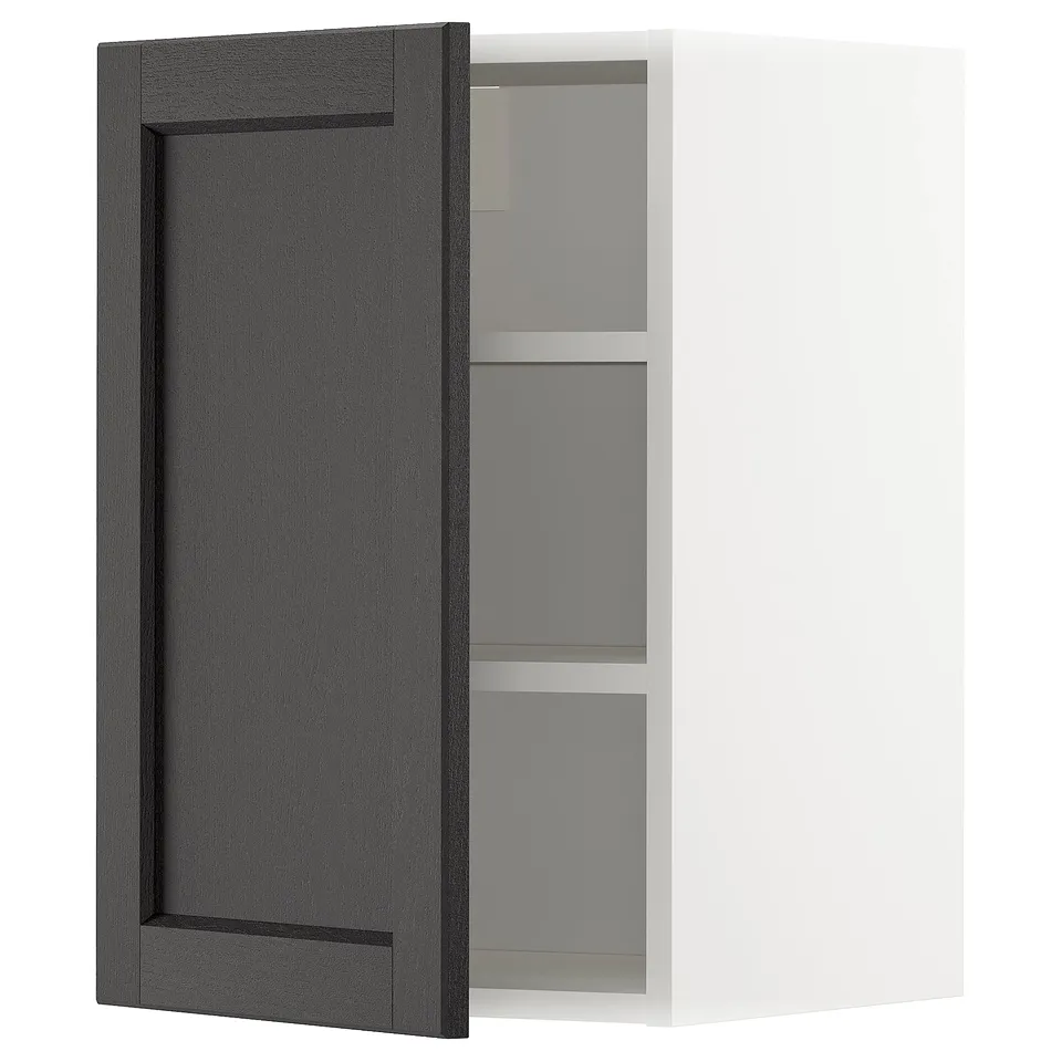 A dark grey METOD kitchen cabinet with a single door slightly ajar, revealing adjustable shelves inside. The cabinet is rectangular with clean lines.