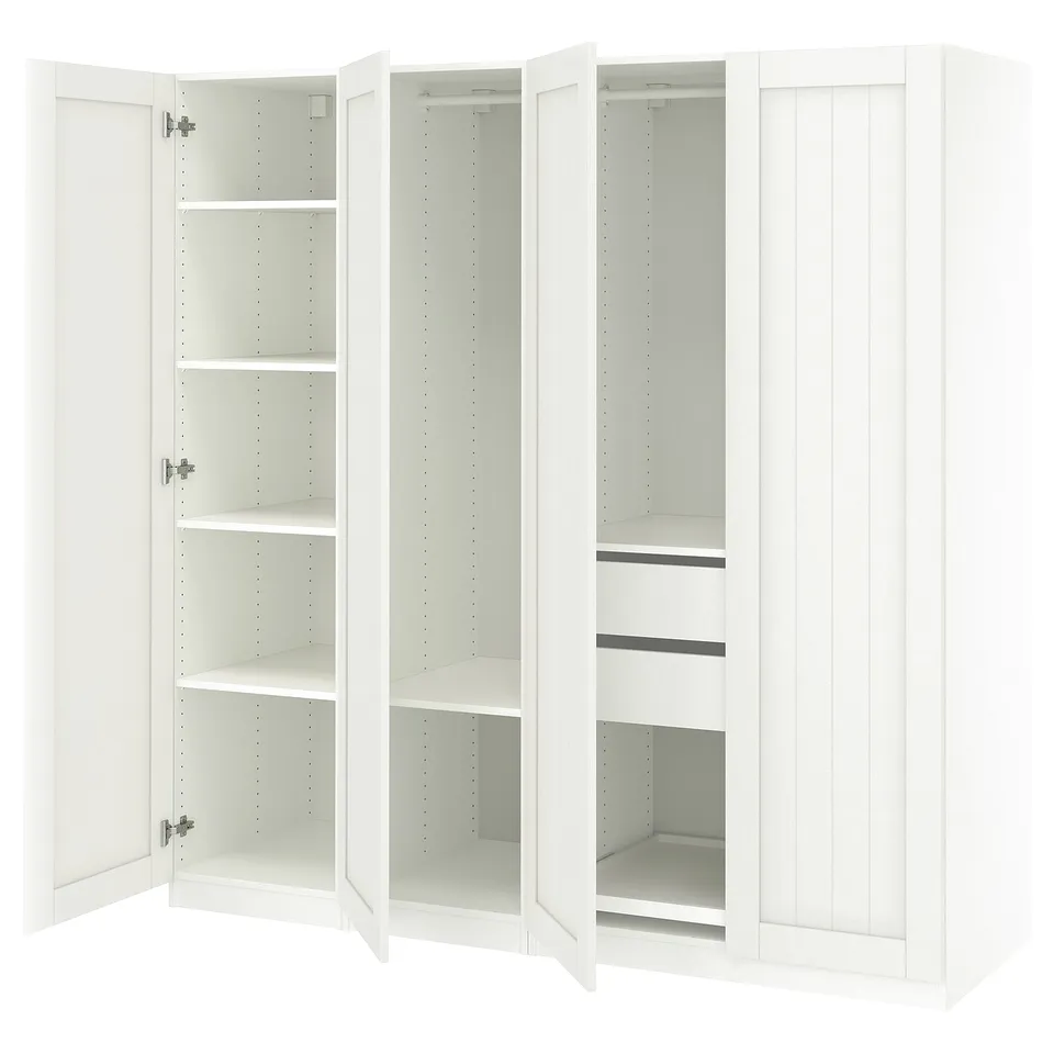 White PAX wardrobe with open doors, empty shelves, modern design.