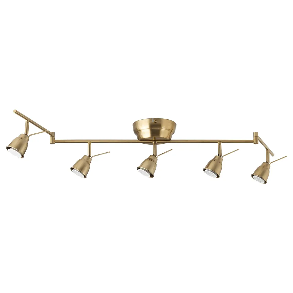 A brass ceiling light named BAROMETER with five adjustable spotlights and a central hub design.