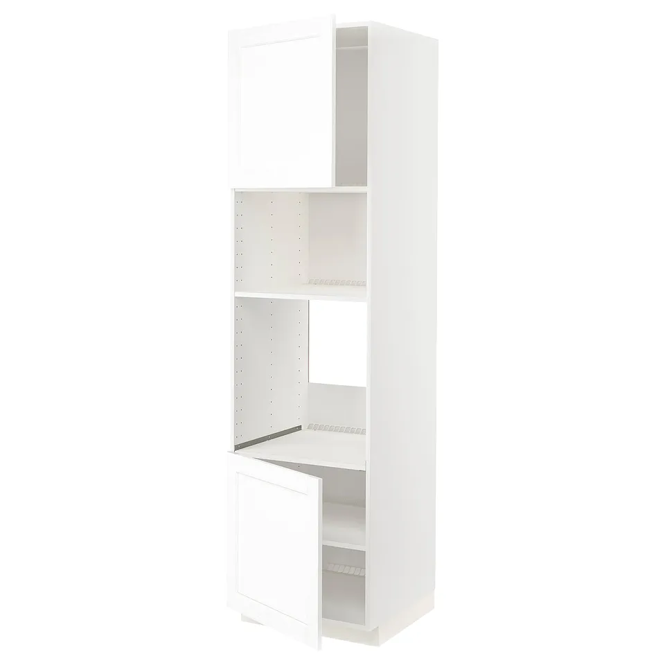A white METOD tall cabinet with open doors, featuring adjustable shelves and a modern design.