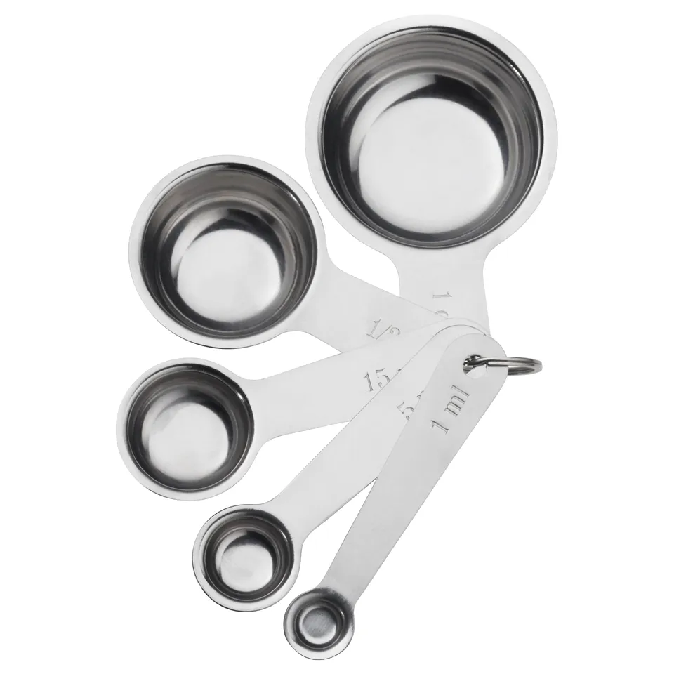 VARDAGEN stainless steel measuring cups, set of five, nested for compact storage, with measurements marked on handles.