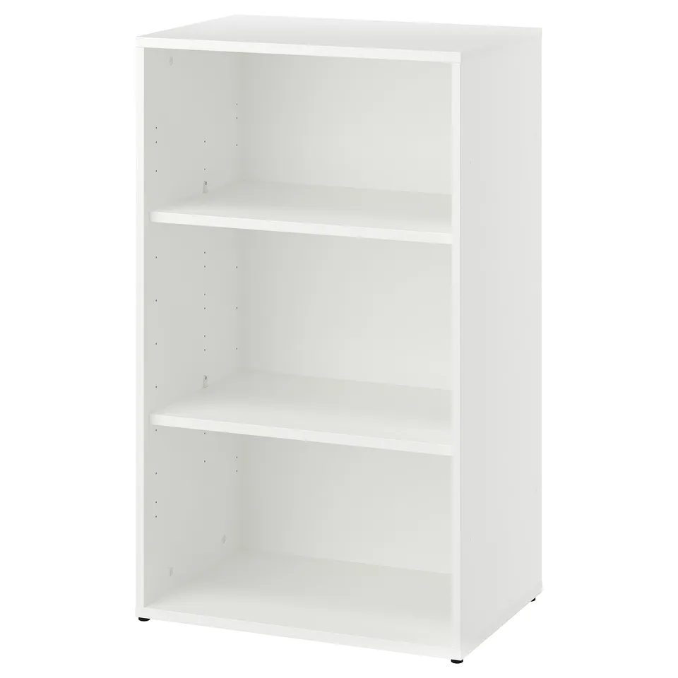 A white platsa LASTARE bookshelf with three open compartments, adjustable feet, and a minimalist design.