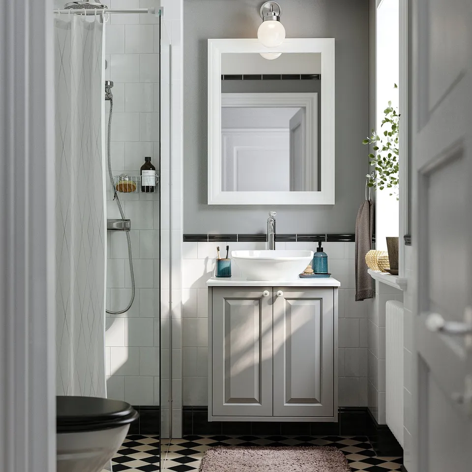 TÄNNFORSEN / VÄSTERSJÖN Wash-stnd w doors/wash-basin, light grey/white marble effect, 62x49x79 cm