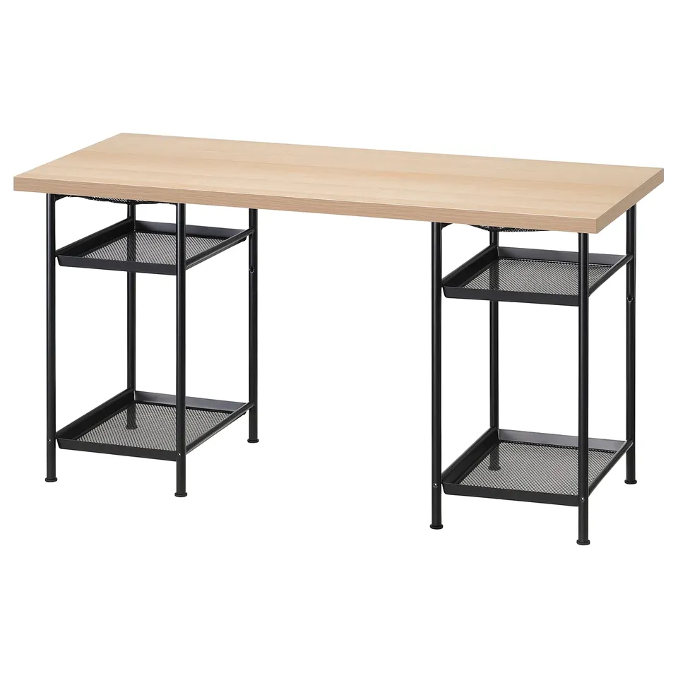 LAGKAPTEN desk, light wood top, black metal legs with mesh shelves.