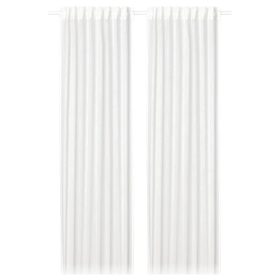 White SILVERLÖNN sheer curtains, 100% cotton, soft linen look, simple, pleated design for privacy and light filtering.