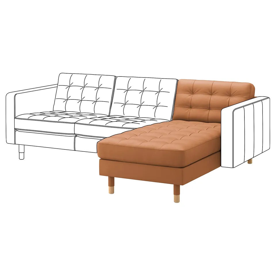 LANDSKRONA sectional couch: tan leather & fabric, l-shaped, tufted design.