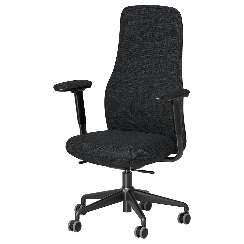 Black office chair, GRÖNFJÄLL, with mesh back, adjustable armrests, and wheels. Modern ergonomic design.