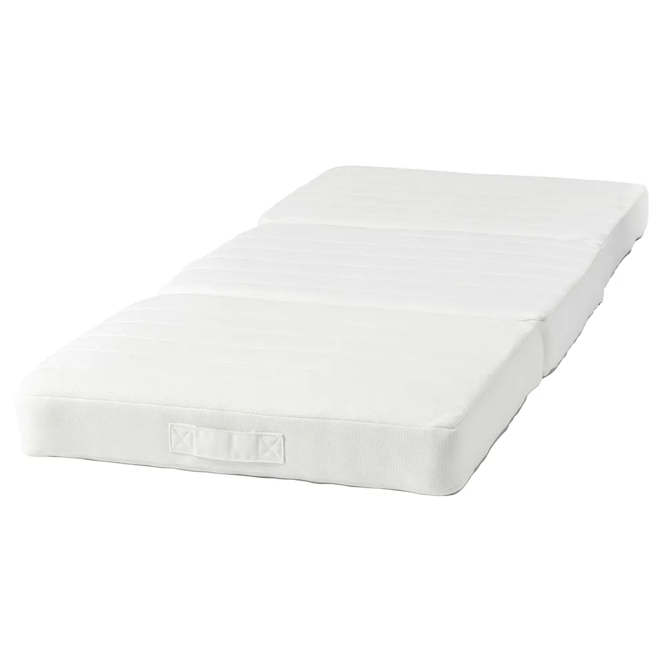 A white, rectangular KOMPISHÄNG mattress. Its made from recycled polyester and has a simple, smooth design.