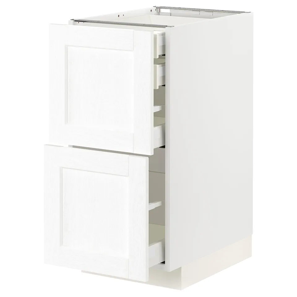 A white METOD kitchen cabinet with multiple drawers and shelves. The clean design includes smooth, organised storage spaces.