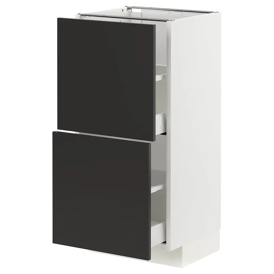 A modern, tall white kitchen cabinet with two black drawers and three shelves, featuring a sleek design and sturdy construction.