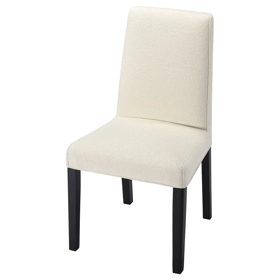 BERGMUND chair, beige fabric with black legs, rectangular shape, minimalist design.