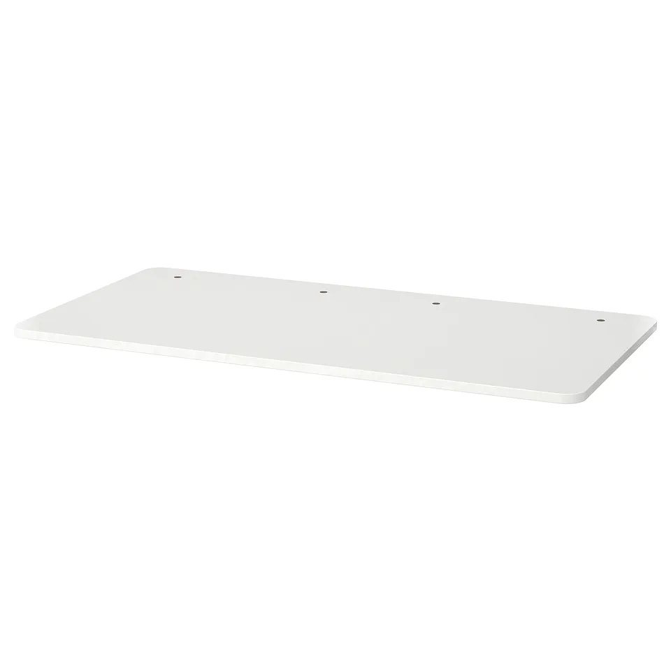RELATERA white desk top: clean, rectangular, durable melamine surface, modern minimalist design, pre-drilled holes for accessories.
