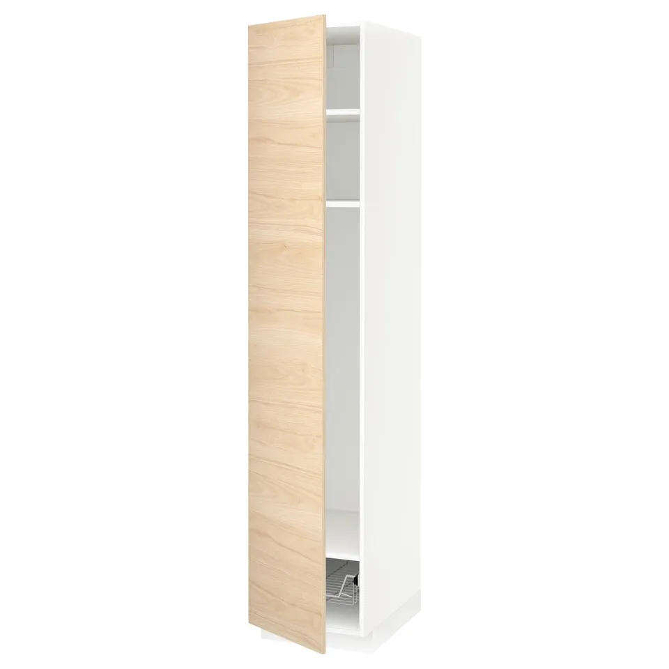 Depicts a white and light wood METOD kitchen cabinet with a single door partly open.
