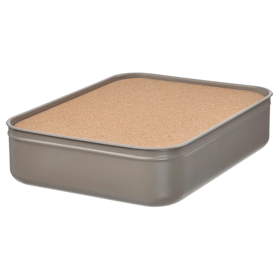 HARVMATTA metal desk organiser, silver with cork lid, square shape, neat design.