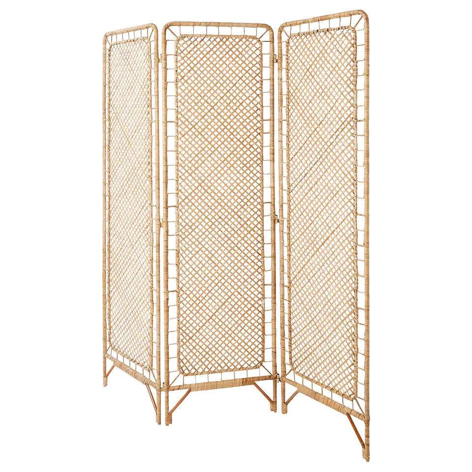 Rattan room divider, 3 panels, beige, airy weave, 4 legs, home office