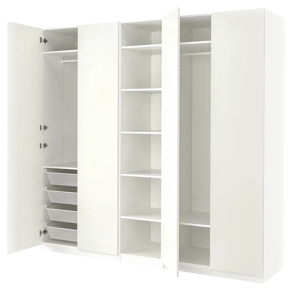 An open white PAX wardrobe with shelves and mesh baskets, featuring soft-close hinges and a sleek, modern design.