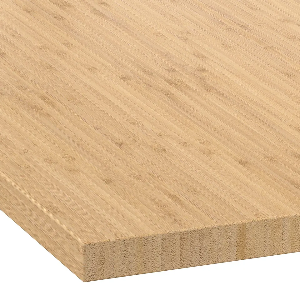 Smooth, durable bamboo worktop. Shows natural grain, pre-treated for protection and easy maintenance. Thick, high-quality veneer.
