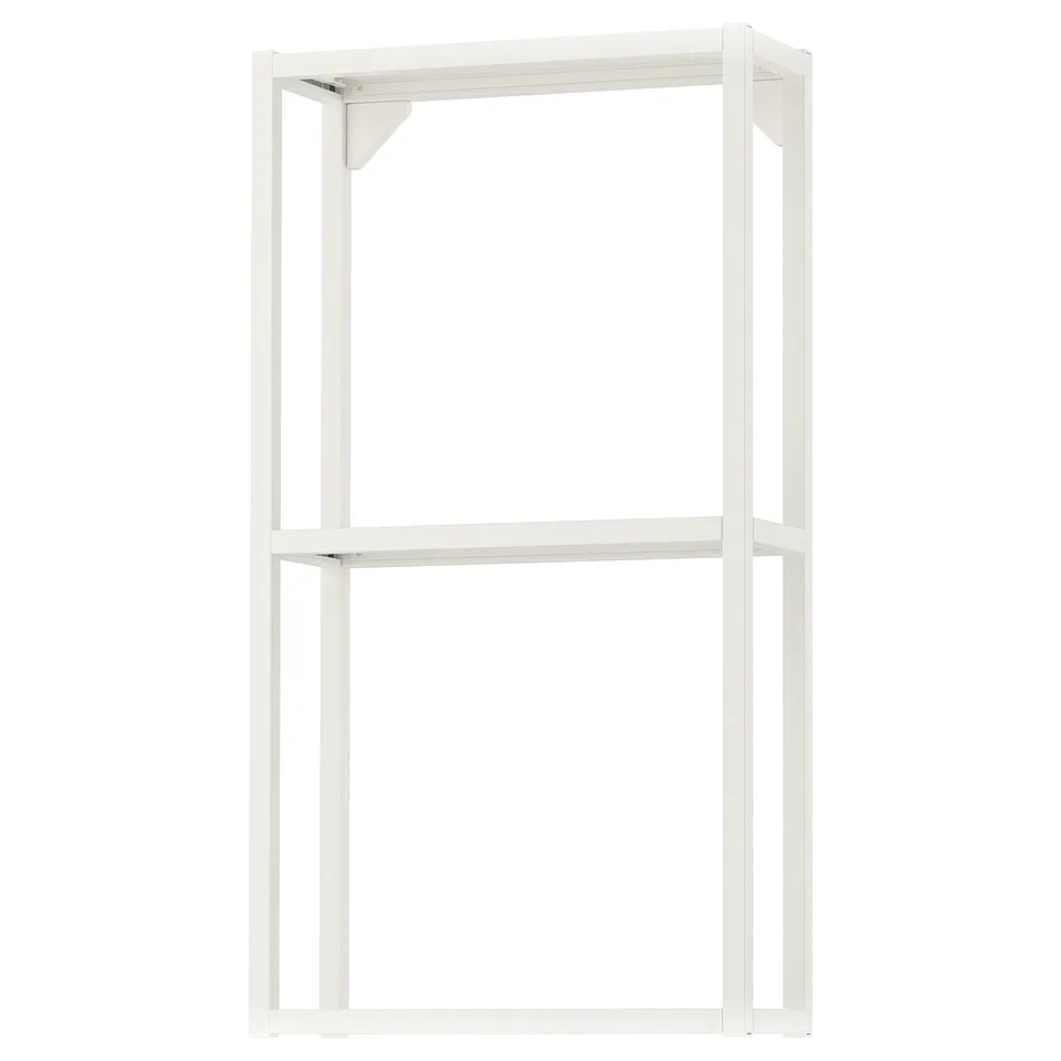 White ENHET shelf unit, minimalist design, open structure, metal frame.