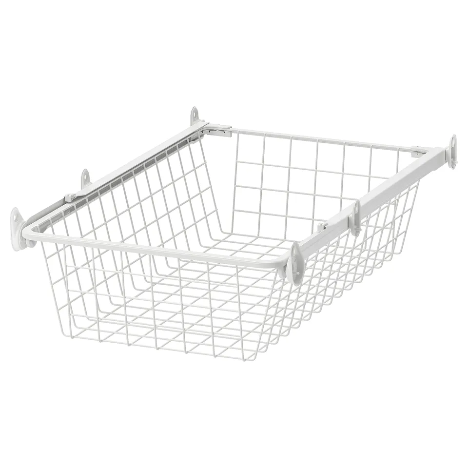 A white wire ALTARLIDEN basket, designed for hanging and sliding, with a mesh grid pattern and metal frame for air circulation.