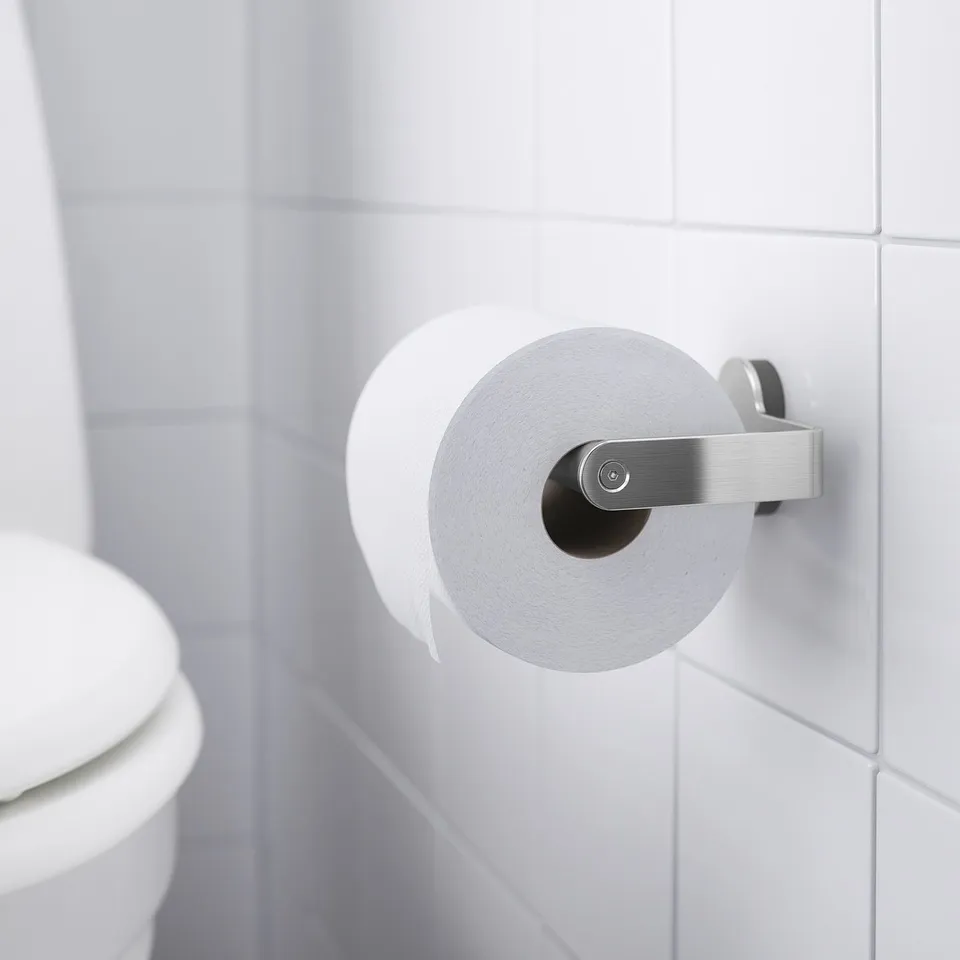 A roll of toilet paper is mounted on a sleek, metal holder attached to a tiled wall. The holder a modern design with hidden screws for a clean look.