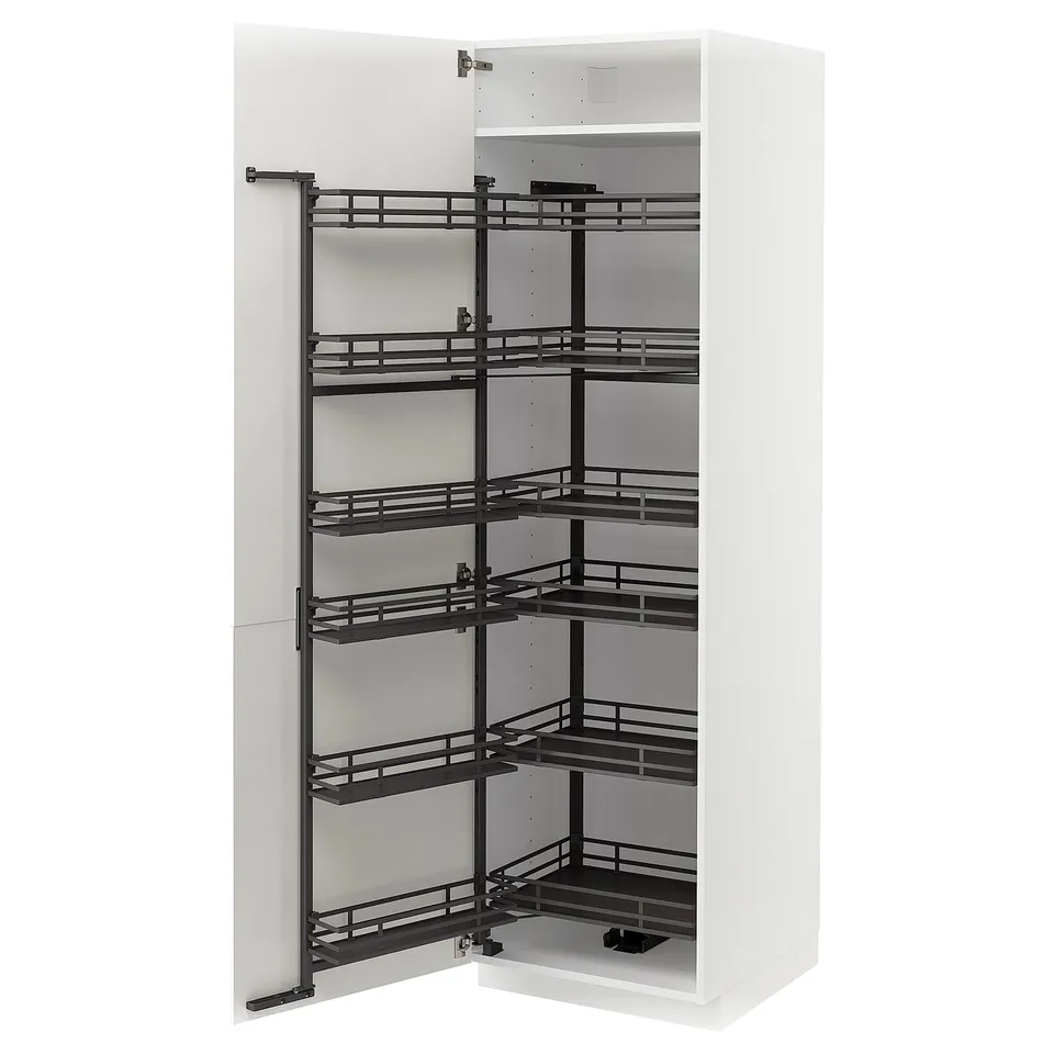 METOD kitchen cabinet in white with black pull-out shelves, featuring multiple sliding compartments for organised storage.
