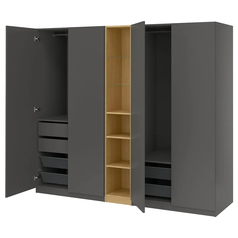PAX / FORSAND Wardrobe combination, dark grey dark grey/oak effect, 235x60x201 cm