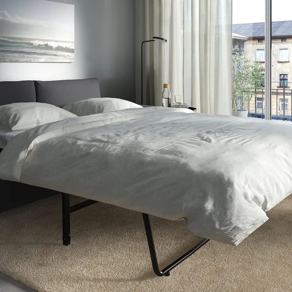 Modern bedroom with twin beds, black frames, windows. Or, to match the character count exactly: modern bedroom with twin beds, win.