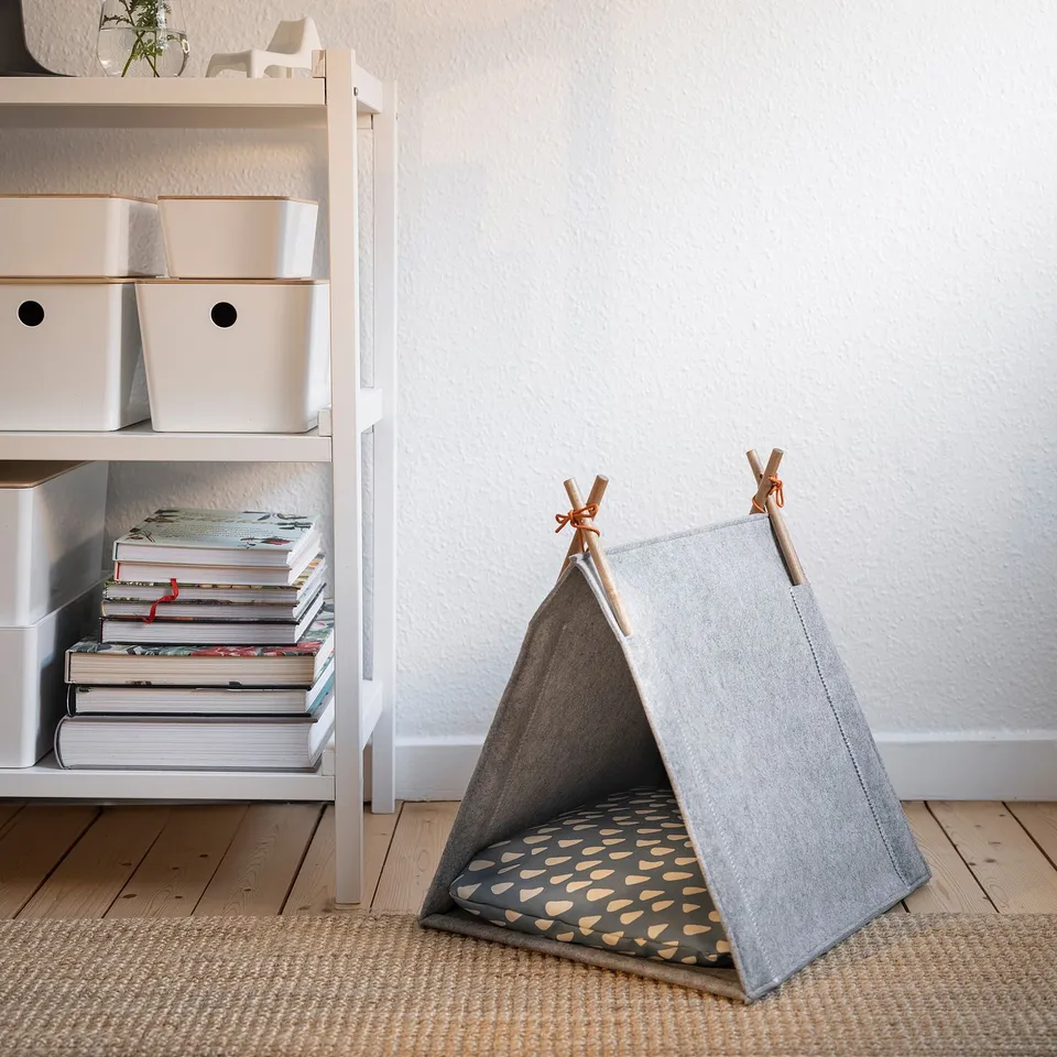 Small grey cat tent, triangle shape, felt & wood, fits under shelves.
