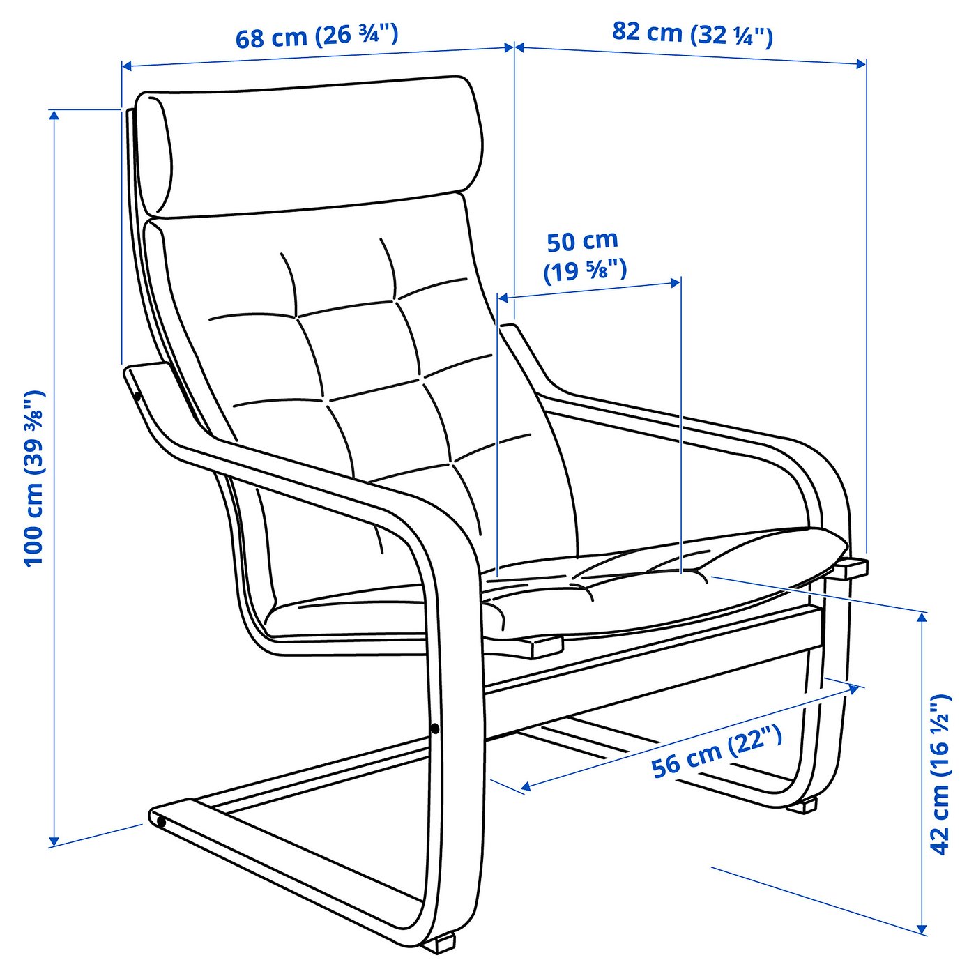 Illustration with measurements for the product: POÄNG.