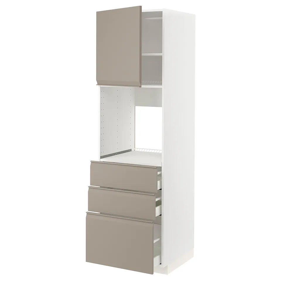 Modern kitchen unit - white with beige drawers, sleek handles, and open shelf.