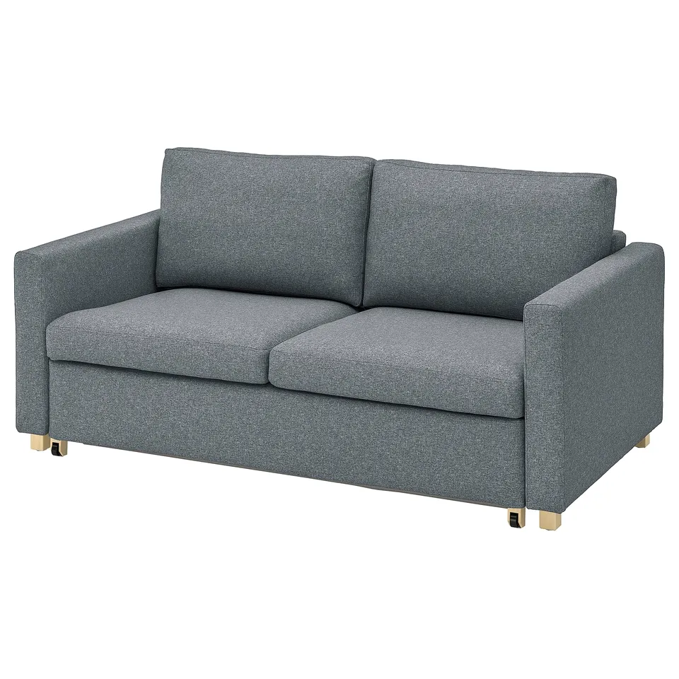 Grey modern sofa with wooden legs and cushions.