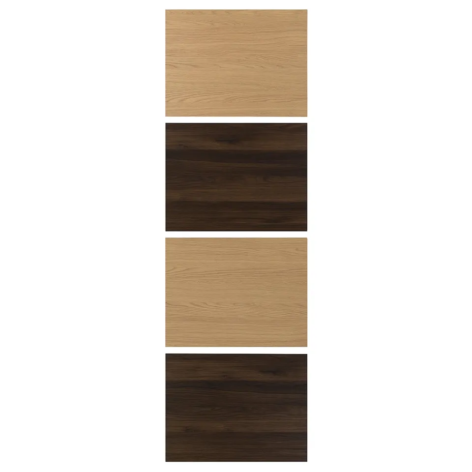 Four wooden panels arranged in two rows of two, top and bottom pairs are light brown, middle pair is dark brown.