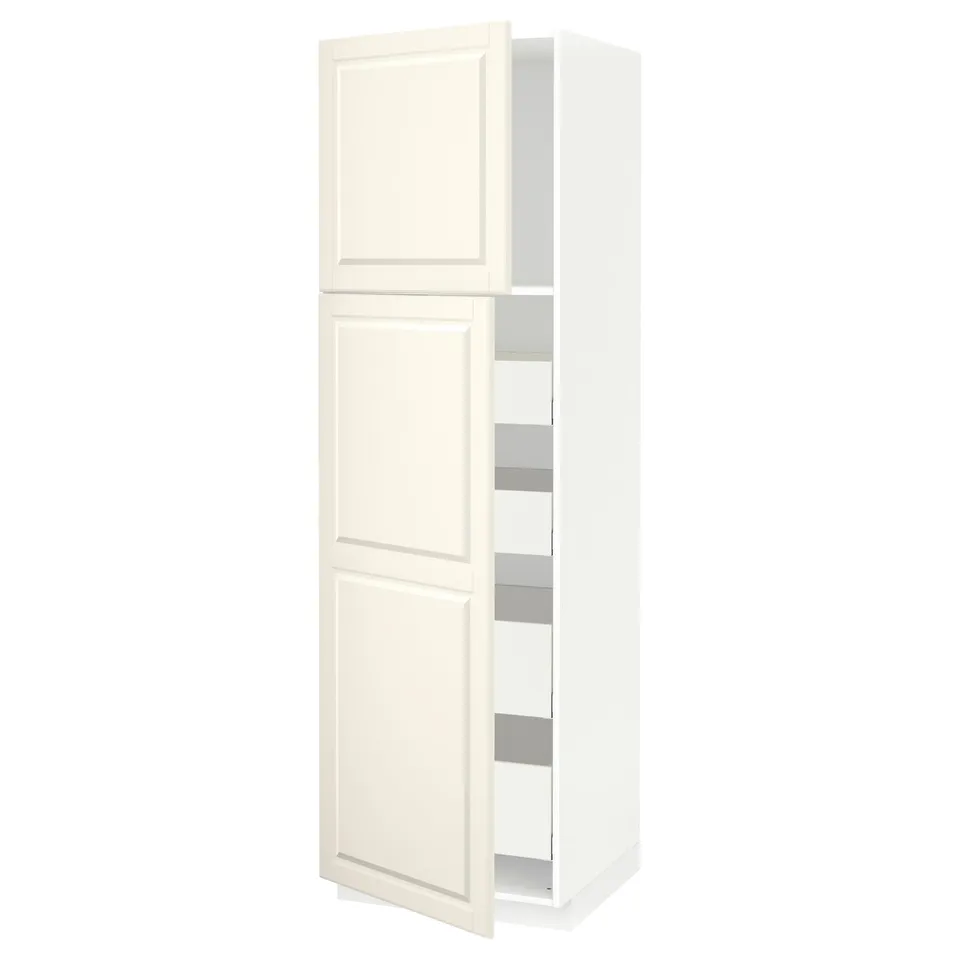 A white METOD kitchen cabinet with bevelled edges, featuring multiple shelves inside.