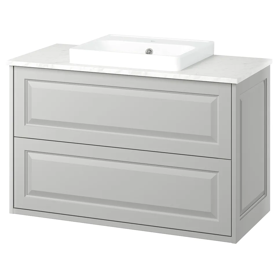 TÄNNFORSEN light grey bathroom vanity, marble top, square sink, wall-mounted, 3 drawers, stylish panels.
