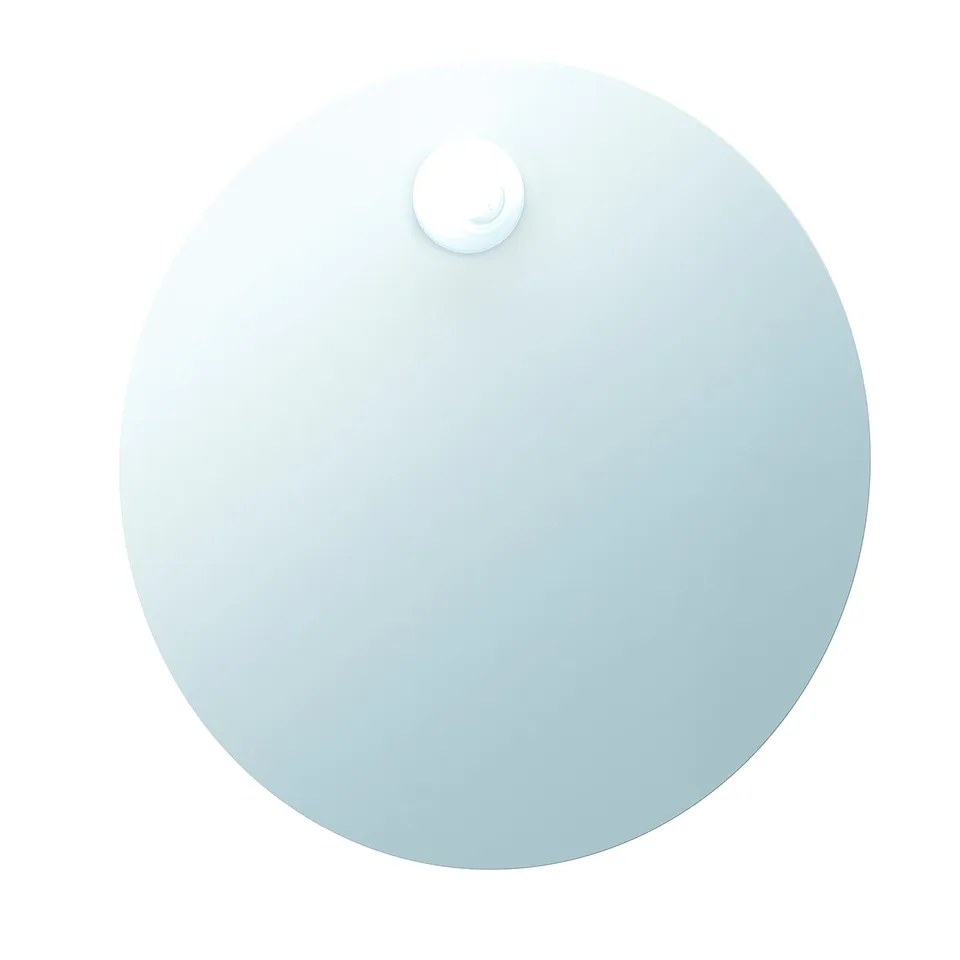 Circular, light blue mirror with backlit lighting, glass construction, smooth design.