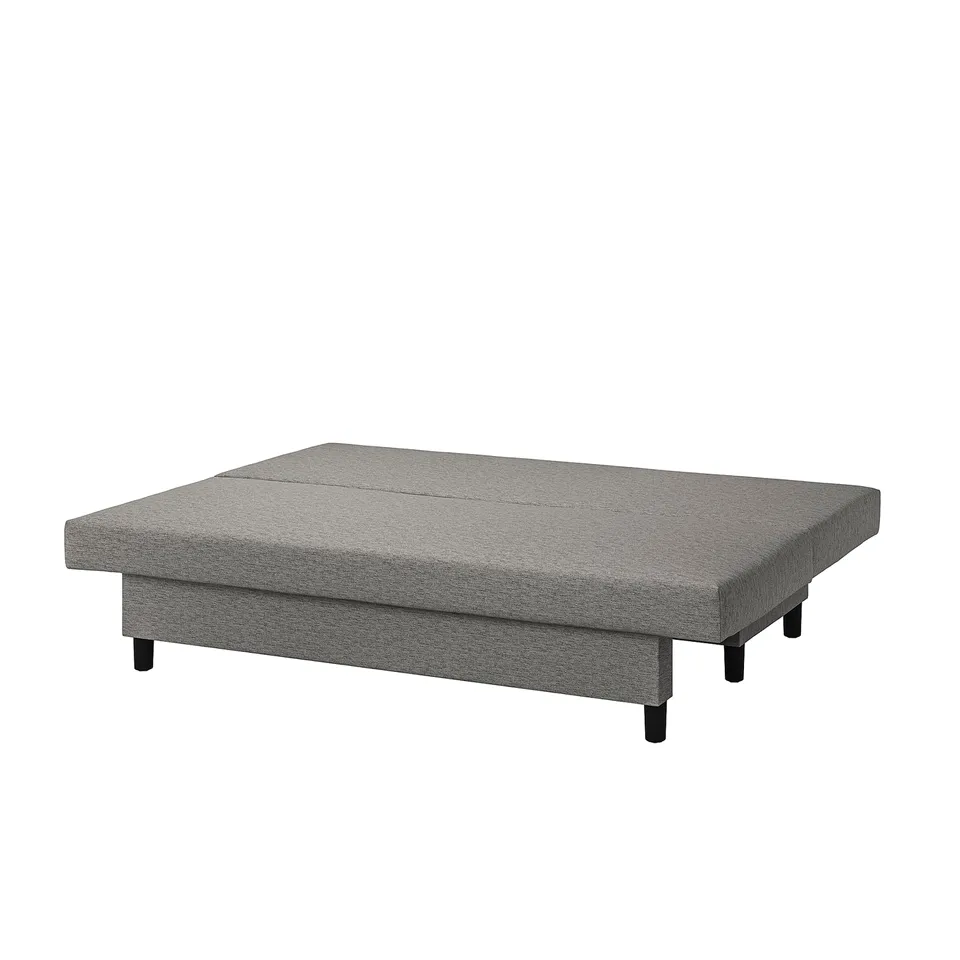 A fold-out grey fabric sofa-bed with wooden legs, ideal for overnight guests.