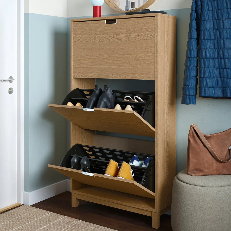 STÄLL Shoe cabinet with 3 compartments, oak veneer, 79x29x148 cm