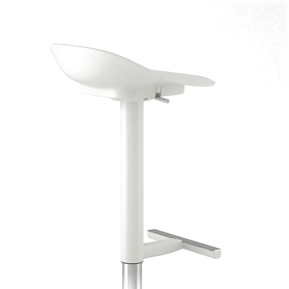 Modern white adjustable barstool with sleek, curved seat, metal footrest, and sturdy base. Ideal for restaurants or home use.