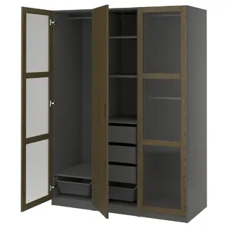PAX / TONSTAD wardrobe combination, dark grey brown/stained oak veneer glass, Width 150.0 x Depth 60.0 x Height 201.2 cm