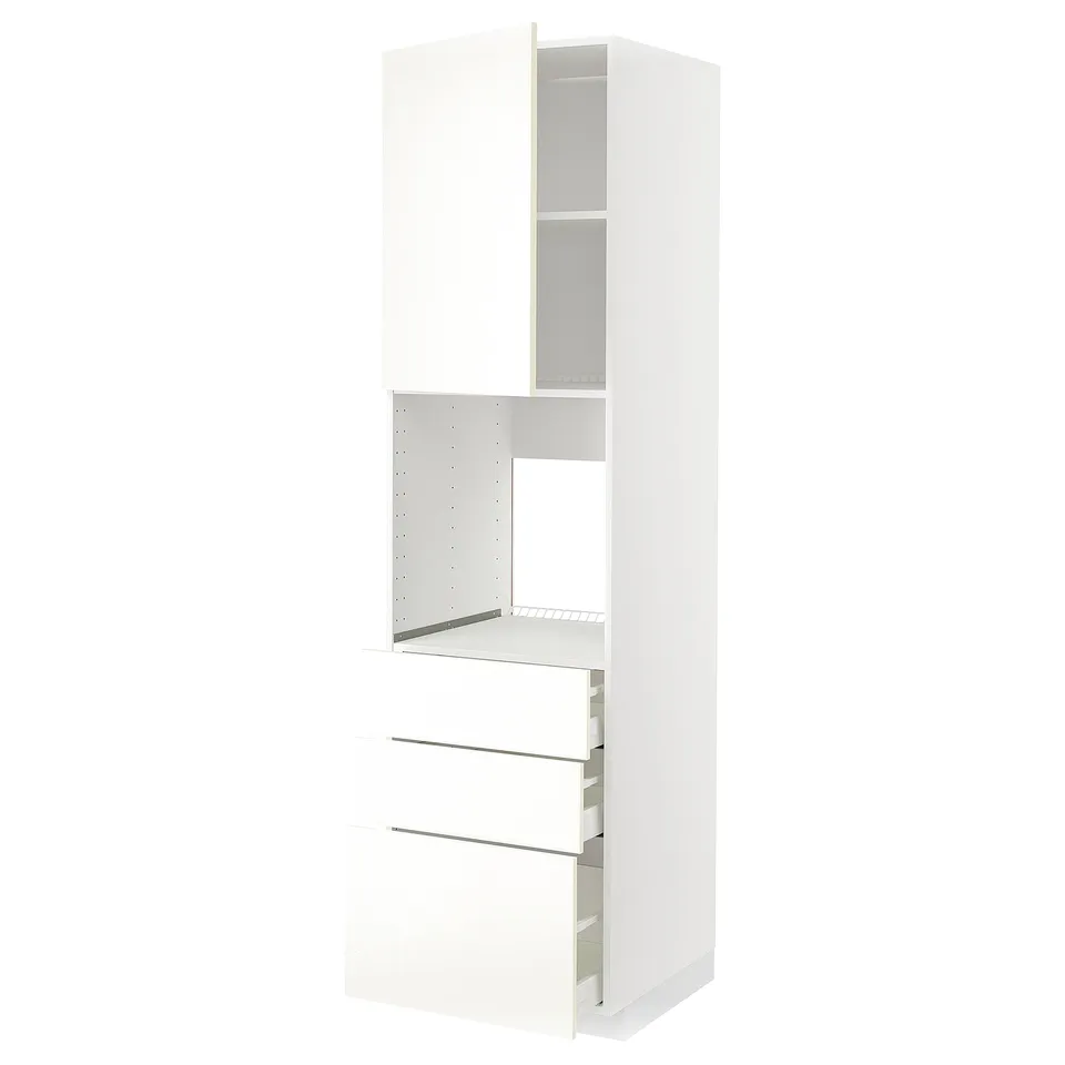 METOD white kitchen unit with drawers and shelves, modern minimalist design.