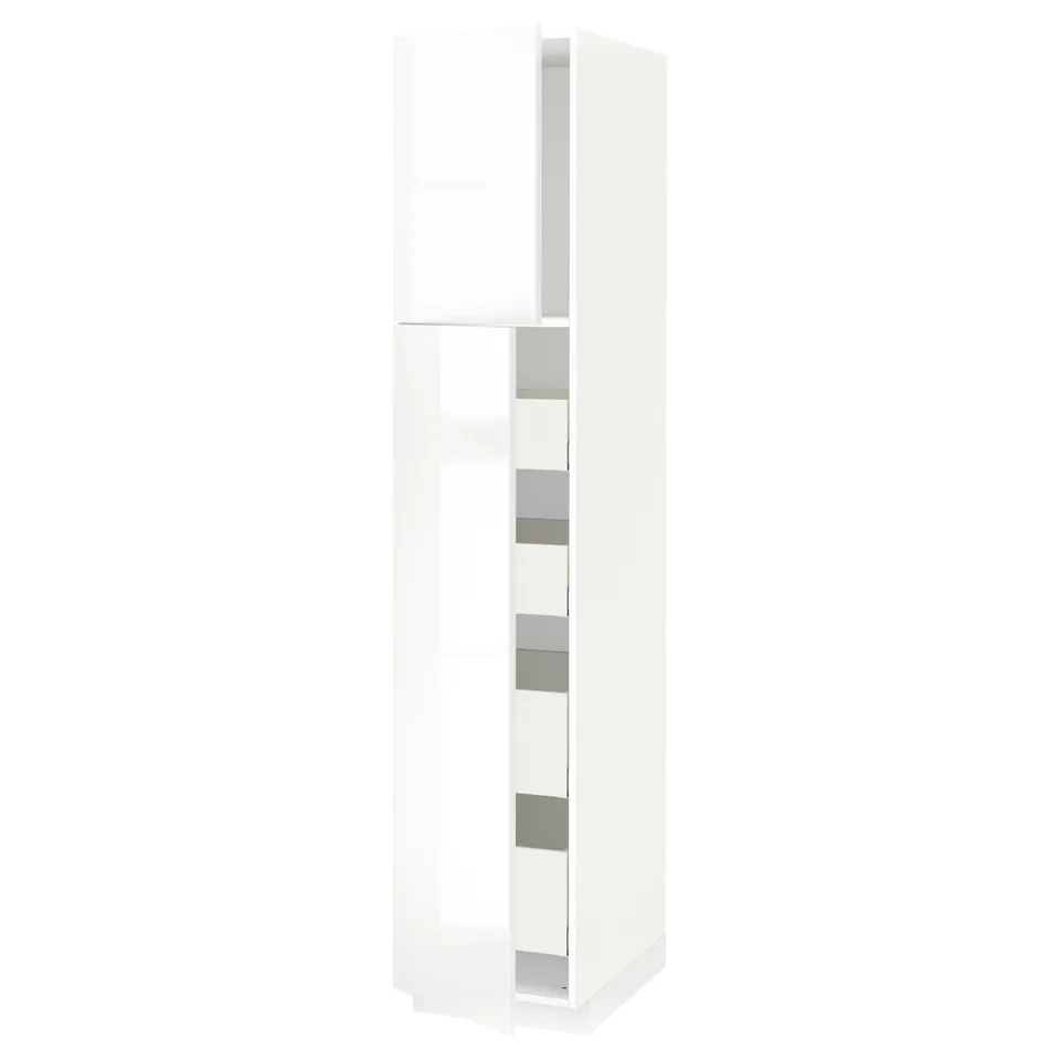 A white, tall kitchen cabinet from the METOD series, featuring high-gloss, reflective surfaces and adjustable hinges.