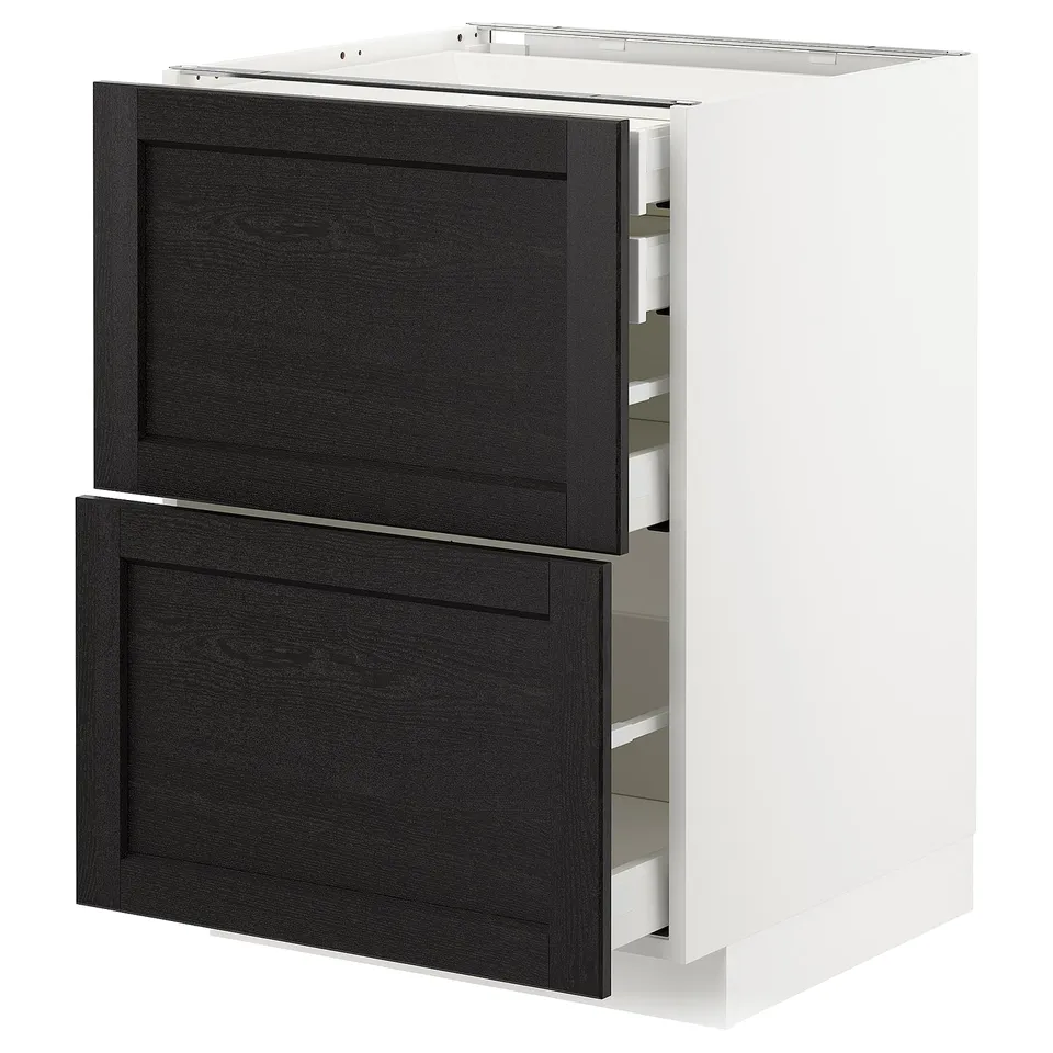A white METOD kitchen cabinet with dark wood drawers. The drawers have bevelled edges and run smoothly.