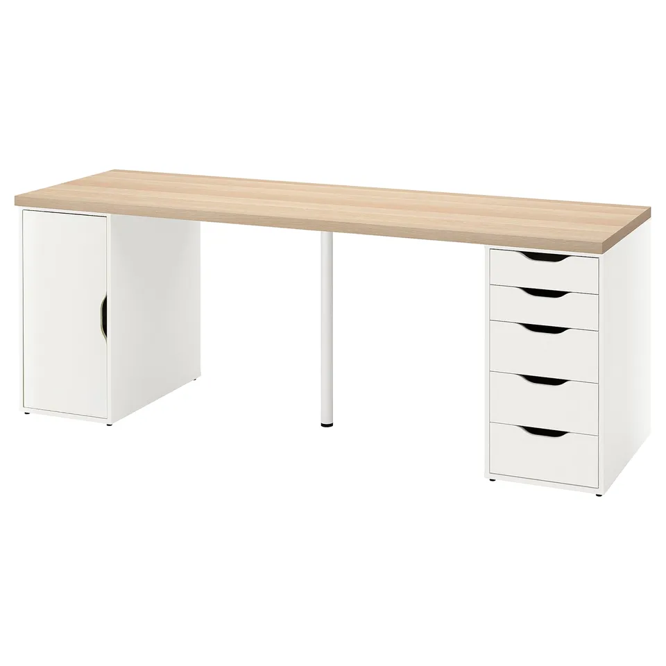 An ikea LAGKAPTEN desk in white with a light wood top, featuring a door and five drawers. It has a simple, modern design with metal legs.