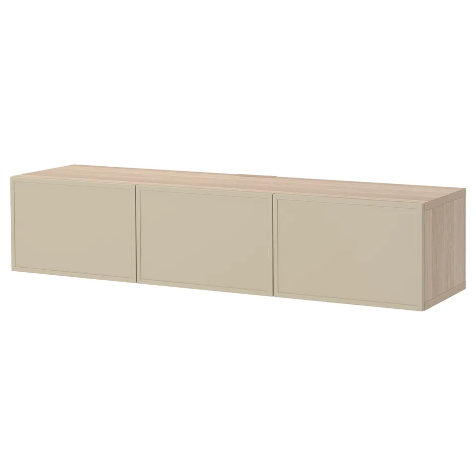 BESTÅ TV bench with doors, white stained oak effect/Krukmakare beige, 180x42x38 cm