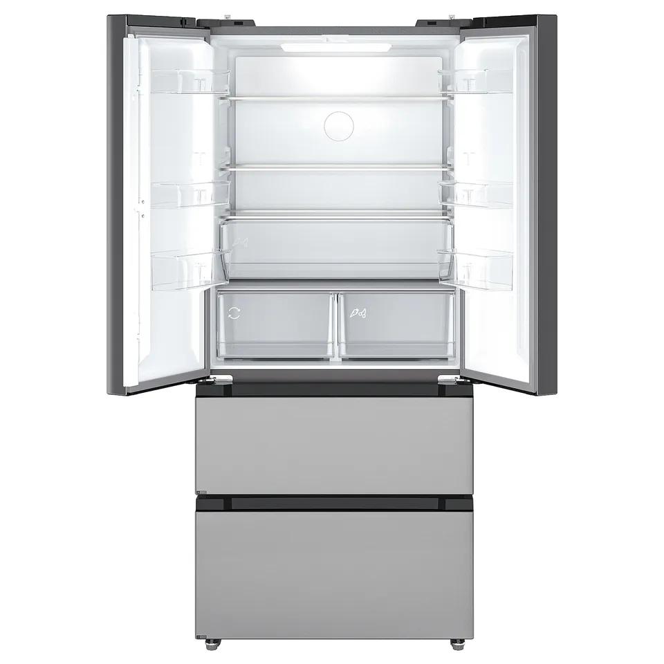 Open stainless steel double-door fridge with adjustable shelves.